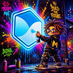 A vibrant graffiti-style digital artwork featuring a character with dreadlocks holding a spray paint can, alongside a glowing blue Sui (SUI) cryptocurrency logo, with tags reading "Team MA," "Build & Future," and "ALPHA" in a colorful urban street art aesthetic.