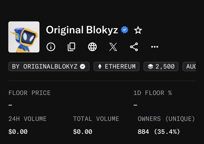 An NFT collection page for "Original Blokyz" on the Ethereum blockchain, showing 884 unique owners (35.4%) but $0.00 in 24H and total volume. The post is promoting the Blokyz mint alongside the Naives collection.