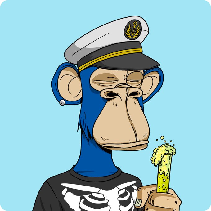 A cartoon NFT illustration of a blue monkey wearing a white captain's hat and skeleton t-shirt, holding a green frothy drink.