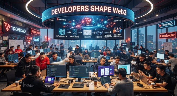 A vibrant illustration depicts a busy office scene with numerous developers working at computers, under a large circular screen reading 'DEVELOPERS SHAPE Web3' with 'TRON DAO' branding throughout the space.