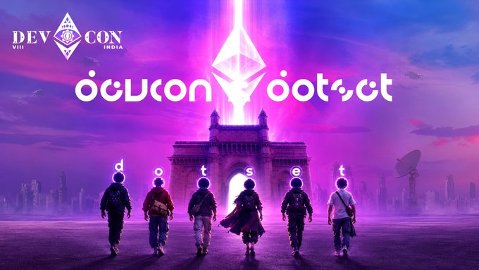 Promotional banner for "Devcon VIII India" featuring stylized text "dotset oct" above a futuristic scene of six silhouetted figures walking toward a glowing, monumental gateway under a purple and pink sky, tying into the announcement of @dotsetxyz attending the largest Ethereum builder conference.