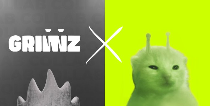 A promotional graphic for a collaboration between GRIMNZ and another entity, featuring the GRIMNZ logo next to a fuzzy green alien-like creature on a yellow-green background.