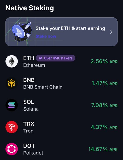 A 'Native Staking' interface listing various cryptocurrencies and their APR rates: ETH (2.56%), BNB (1.47%), SOL (7.08%), TRX (4.37%), and DOT (14.67%).