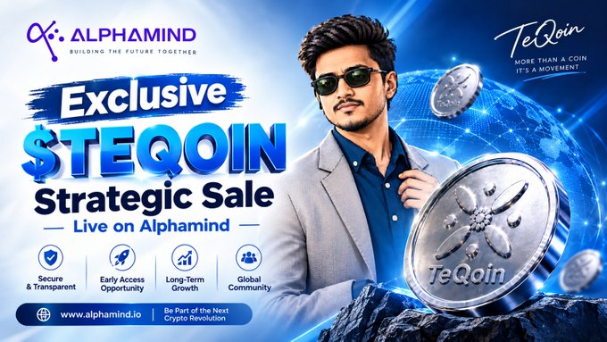 A promotional crypto advertisement for '$TEQOIN Strategic Sale' on Alphamind, featuring a man in sunglasses and a blazer holding a TEQoin silver coin, with text 'Building the Future Together' and 'More than a coin, it's a movement.'
