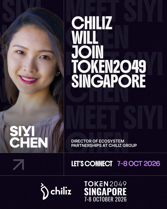A promotional image for Token2049 Singapore (7-8 October 2026) featuring Siyi Chen, Director of Ecosystem Partnerships at Chiliz Group, with bold text announcing "CHILIZ WILL JOIN TOKEN2049 SINGAPORE." The graphic complements the post by highlighting Chiliz's participation at the event and Siyi's role in connecting with industry leaders to discuss DeFi and sports equity tokenization.