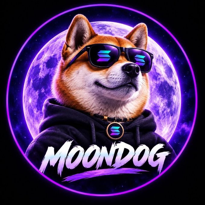 Logo/mascot artwork for 'MOONDOG' featuring a Shiba Inu dog wearing sunglasses and a hoodie with a Solana logo medallion, set against a purple moon backdrop.