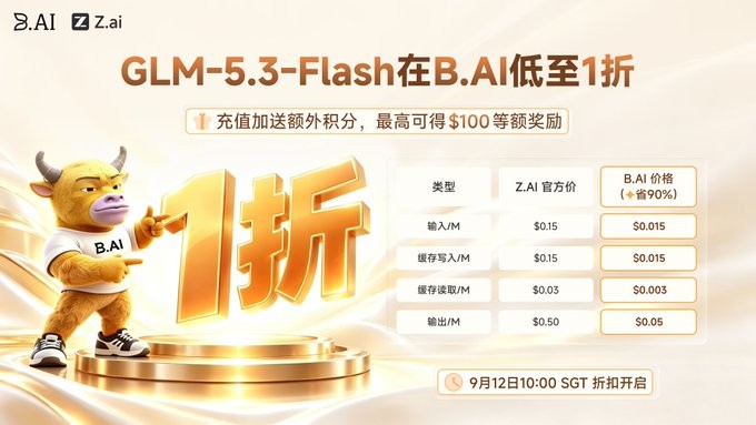 A promotional banner for B.AI advertising GLM-5.3-Flash at up to 90% off, featuring a cartoon bull mascot and a pricing comparison table in Chinese with the date September 12, 10:00 SGT.