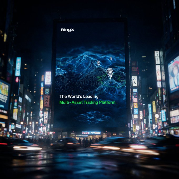 A large illuminated billboard displays "BingX - The World's Leading Multi-Asset Trading Platform" over a topographical map, set against the backdrop of a bustling neon-lit city street at night. The image visually reinforces the post's message of widespread opportunity, showing BingX's branding prominently in a vibrant urban environment to attract traders.