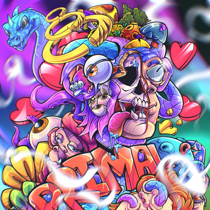 A vibrant, psychedelic digital illustration featuring a surreal face with bulging eyes, snakes, an octopus, and animated characters surrounded by glowing hearts and the stylized text 'IBZMA' or 'JSMA'.