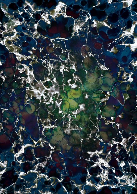 An abstract composition of swirling fluid patterns in deep blues, greens, and purples with white cellular textures reminiscent of marbled paint or microscopy imagery.