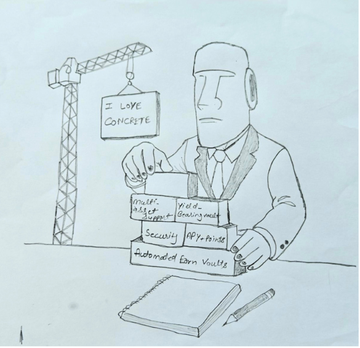 A hand-drawn sketch of a serious man in a suit constructing a pyramid of building blocks labeled 'Social Value', 'Yield Mining', 'Security', 'Utility', and 'Automated Burn Vault', with a construction crane labeled '= LOVE, CONCRETE' in the background.