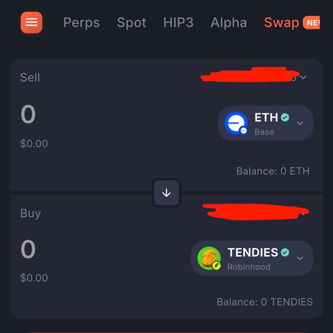 A cryptocurrency swap interface showing a Sell ETH (Base) to Buy TENDIES (Robinhood) transaction, with both amounts set to 0 and balances showing 0 for each asset.