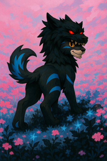 A digital illustration of a menacing black wolf-like creature with red eyes and blue markings, standing in a vibrant field of pink and blue flowers against a pink cloudy sky.