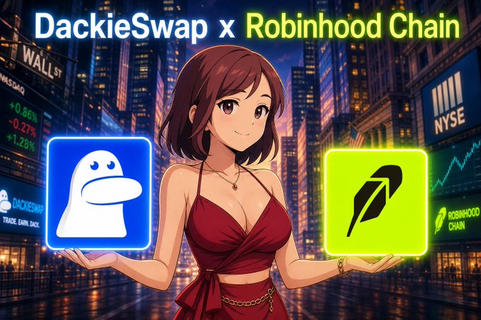 An anime-style promotional image for 'DackieSwap x Robinhood Chain' showing a red-haired anime character holding the logos of both platforms against a Wall Street/NYSE backdrop.