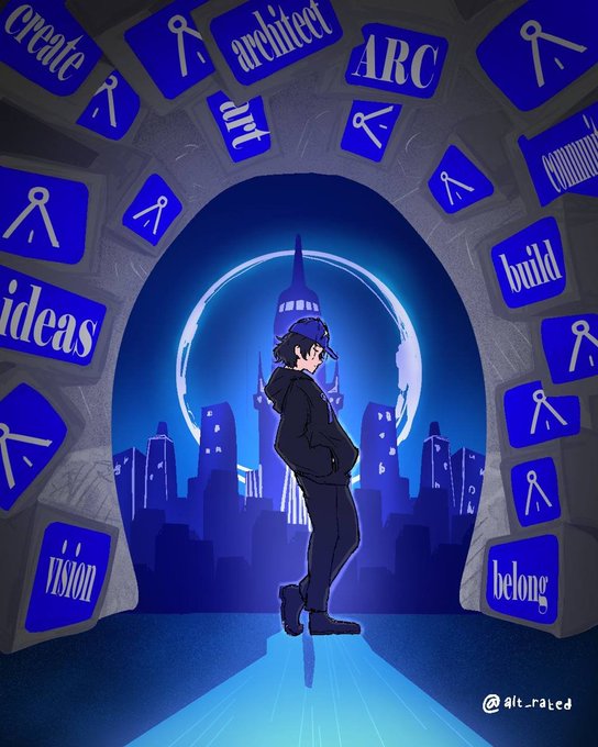 Anime-style artwork by @alt_rated shows a figure in a dark jacket and cap standing in a blue-lit archway, framed by stones with words like "create," "architect," "build," "belong," and "ARC."