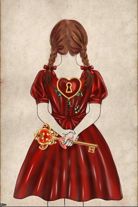 A faceless girl with braided hair wears a red dress featuring a heart-shaped lock on the back, holding a golden key adorned with a heart — symbolizing the NFT artwork titled "The Key to the Silent Heart." The serene, symbolic illustration beautifully captures the artwork's theme of unlocking hidden emotions, presented as a 1/1 piece on Tezos' objkt platform.