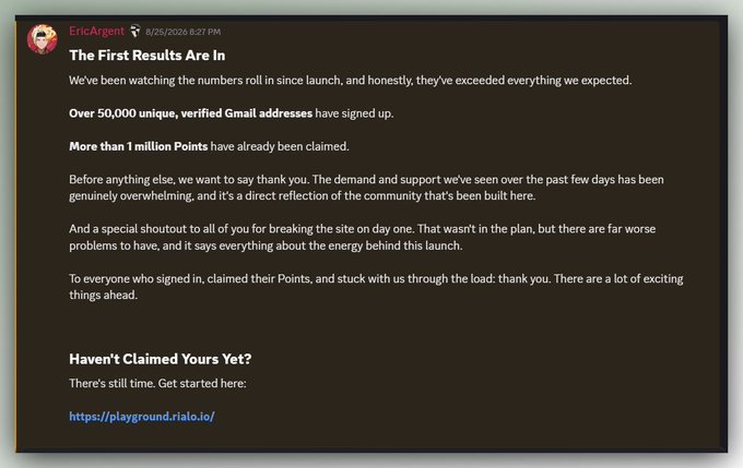 A Discord message from EricArgent titled 'The First Results Are In' announcing over 50,000 verified Gmail signups and more than 1 million Points claimed for a project called playground.rialo.io.