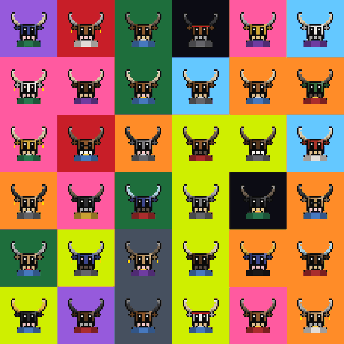 A grid of pixel-art viking helmets with horns, each placed on a different colored background square.