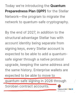 A red text box in a social media post with white background that has an illustration of the QPP and its benefits for Stellar Quantum safety. The image includes a caption that reads: "Today we were introducing the QPP (Quantum Preparedness Plan) for the Starler network - the program to migrate the network to quantum-safe cryptography".