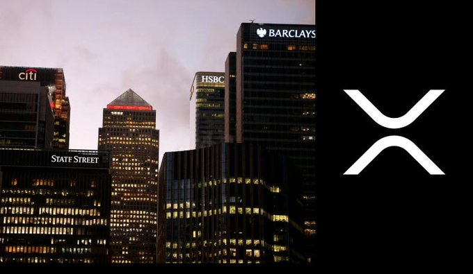 A composite image showing illuminated financial buildings labeled 'citi', 'STATE STREET', 'HSBC', and 'BARCLAYS' on the left, alongside the white XRP (Ripple) cryptocurrency logo on a black background on the right.