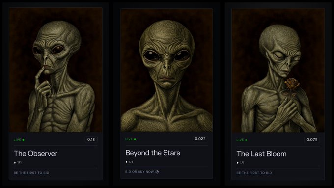 Three NFT-style digital portraits of green aliens titled "The Observer," "Beyond the Stars," and "The Last Bloom," displayed as bidding cards with prices in ETH.