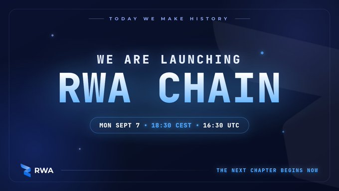 A dark blue promotional graphic announces 'WE ARE LAUNCHING RWA CHAIN' with the tagline 'TODAY WE MAKE HISTORY' and 'THE NEXT CHAPTER BEGINS NOW', scheduled for MON SEPT 7 at 18:30 CEST / 16:30 UTC, featuring the RWA logo.
