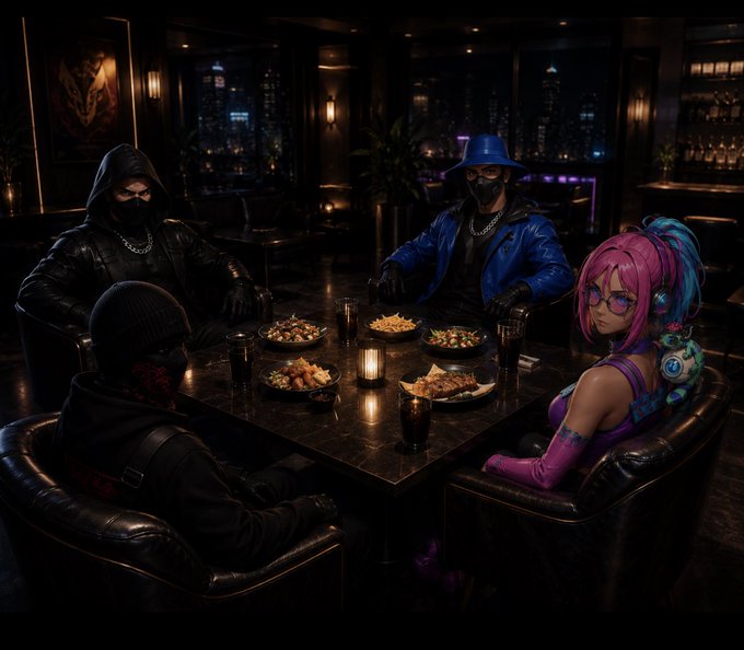 An atmospheric digital artwork depicting four masked, hooded characters seated around a table with food and drinks in a dimly lit, upscale lounge with a city skyline view.
