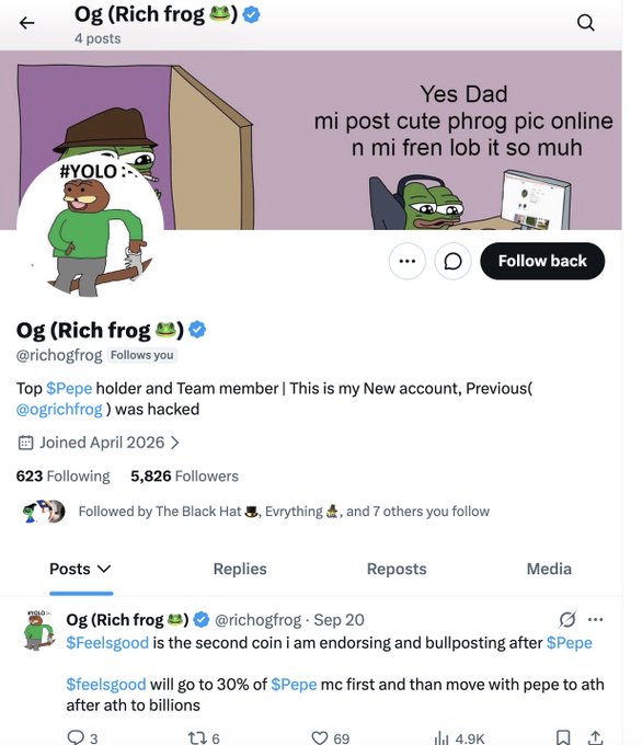 A Twitter/X profile page for 'Og (Rich frog 🐸)' (@richogfrog) displays a banner with Pepe the Frog imagery, stating they are a 'Top $Pepe holder' with their bio mentioning '$Feelsgood' as a second endorsed coin after '$Pepe'.