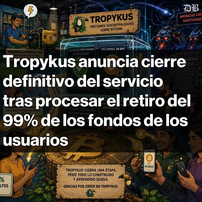 An illustrated graphic announcing 'TROPYKUS' closure, with Spanish text reading 'Tropykus anuncia cierre definitivo del servicio tras procesar el retiro del 99% de los fondos de los usuarios', set against a background with Bitcoin and cryptocurrency themes.
