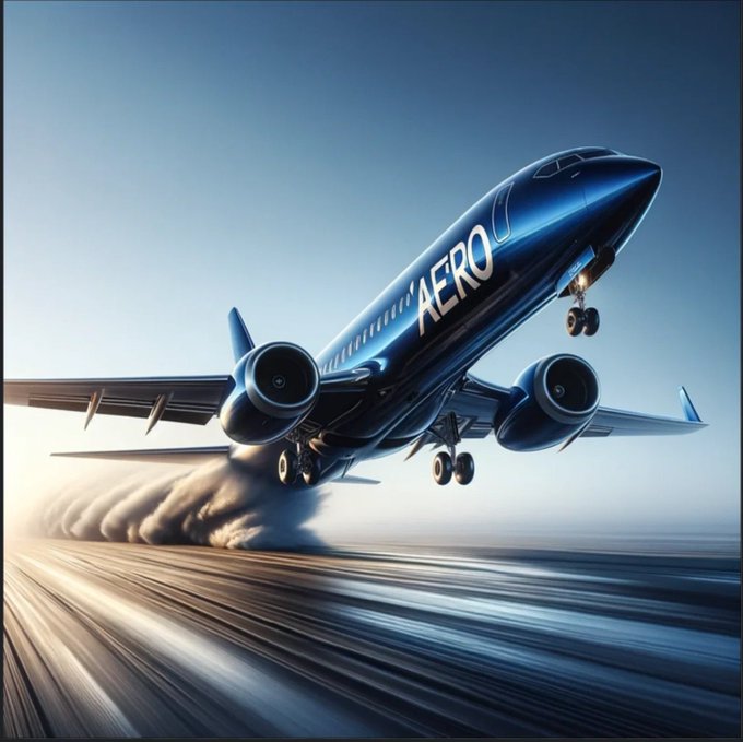The image features an airplane taking off from a runway, with its wheels lifted up into the air. The airplane has the word "AERO" written on it, indicating that it's a commercial airliner. The photo captures the moment when the plane is in mid-flight and appears to be leaving the ground.