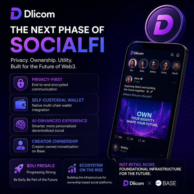 A promotional graphic for 'Dlicom' advertises it as 'THE NEXT PHASE OF SOCIALFI' with features like Privacy-First, Self-Custodial Wallet, AI-Enhanced Experience, and Creator Ownership, alongside a mockup of a social media app interface. It also highlights the '$DLI PRESALE' and a partnership with BASE.