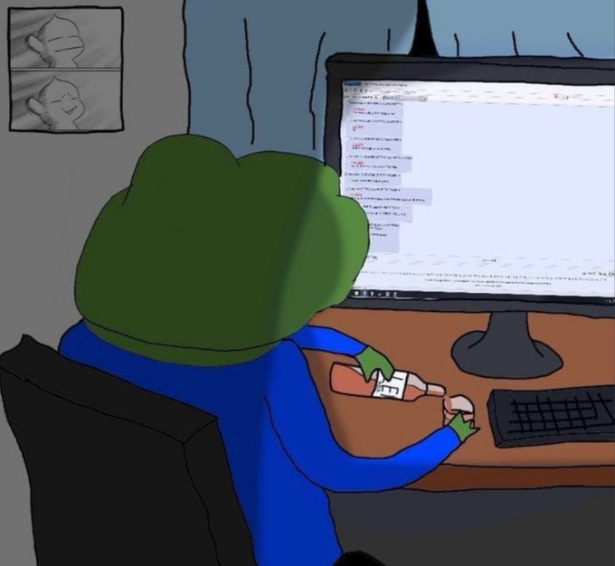 This image depicts Pepe the Frog in the dark, pouring a drink from a bottle labeled "LIFE" into a glass while looking at a computer screen filled with text. The accompanying post "Good morning people" contrasts with the somber, solitary scene, suggesting a late night or early morning spent online.