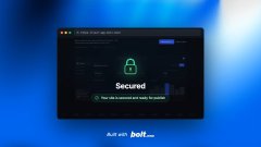 A screenshot displays a dark-themed user interface showing a "Secured" status with a padlock icon, illustrating Bolt's automated vulnerability scanning and patching process.