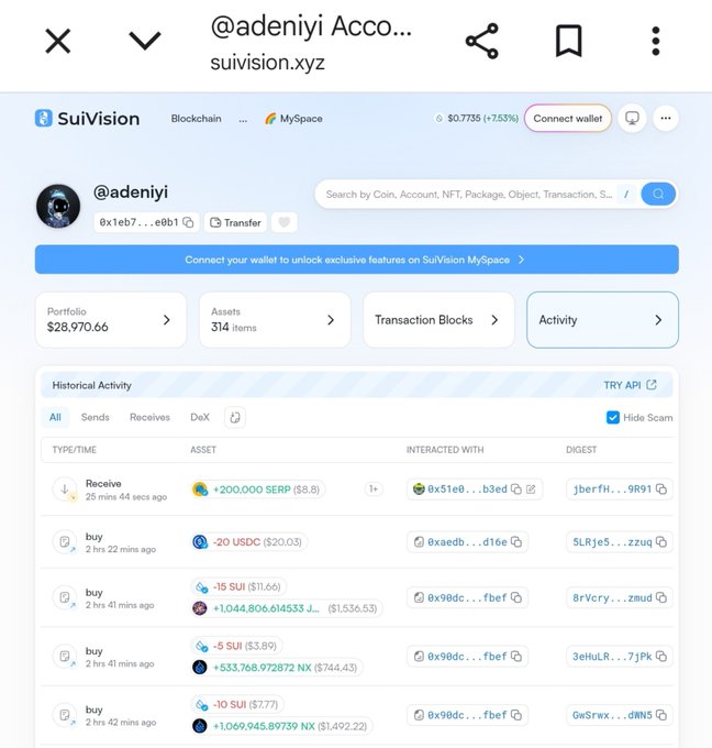 A SuiVision blockchain explorer screenshot showing wallet @adeniyi's transaction history, including recent buys of -10 SUI ($7.77) for +1,069,945 NX ($1,492.22) and -5 SUI ($3.89) for +533,768.97 NX ($744.45), along with a portfolio value of $28,970.66—supporting the post's claim of NX token purchases.