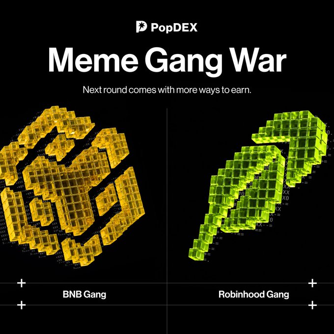 A 'PopDEX' promotional graphic for 'Meme Gang War' featuring two pixelated 3D character clusters—a yellow 'BNB Gang' and a green 'Robinhood Gang'—with the tagline 'Next round comes with more ways to earn.'