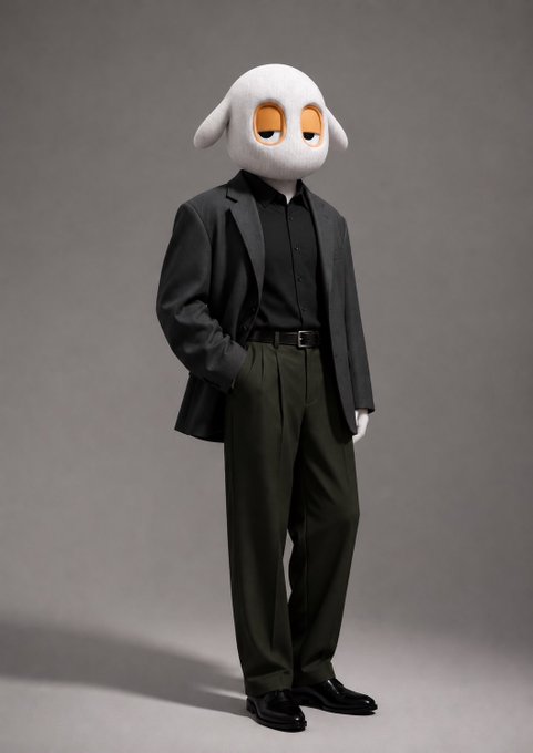 A figure in a sleek black blazer, dark shirt, and olive dress pants stands confidently with one hand in their pocket, wearing a cartoonish white sheep-like mask with droopy orange eyes. The whimsical, slightly tired-looking mascot paired with the business attire humorously reflects the post's message about starting the new week with a determined mindset to "print" profits.