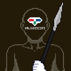 A minimalist digital avatar with a dark brown background features a white outlined figure wearing VR-style goggles displaying the Taco Bell logo with the text "KALEIDOSCOPE" beneath it, while holding a spear.