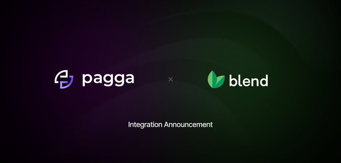 The image features a banner that says "Integration Announcement Pagga is redefining how companies manage their treasuries." The banner also includes two logos - one for Pagga and another for Blend. The text below the logos reads, "@paggaapp autonomous financial agent puts corporate reserves to work automatically, no manual ops, no back-office overhead".