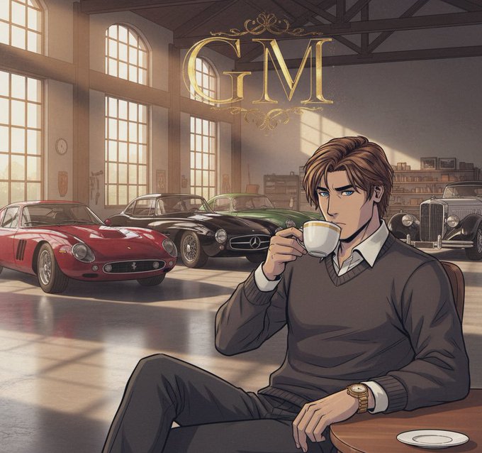 An anime-style illustration of a young man in a gray sweater drinking from a white teacup in a classic car showroom featuring a red Ferrari, black Mercedes, green classic car, and other vintage vehicles, with ornate 'GM' gold lettering above.