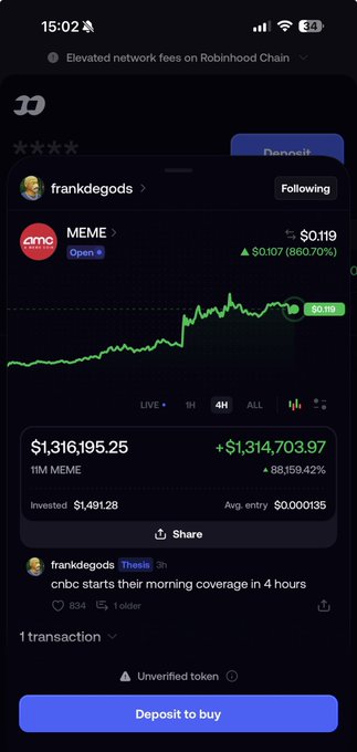 A screenshot of a mobile crypto portfolio app showing a massive gain on the 'MEME' token on the Robinhood Chain, with an invested amount of $1,491.28 now valued at $1,316,195.25, a +88,159.42% return, posted by 'frankdegods'.