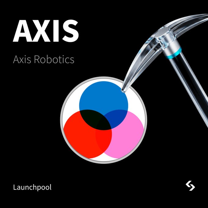 A promotional graphic for "AXIS" by Axis Robotics features a pickaxe striking a circle of red, blue, and pink overlapping shapes on a black background, with "Launchpool" text and a Bitget logo in the corners, visually reinforcing the post's announcement of a new AXIS launchpool on the Bitget exchange.