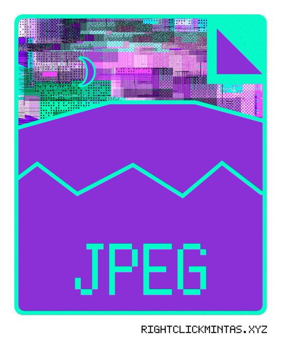 A pixel art JPEG file icon in teal and purple with glitch effects at the top and the text 'JPEG' below a mountain silhouette, labeled 'RIGHTCLICKMINTAS.XYZ' at the bottom.