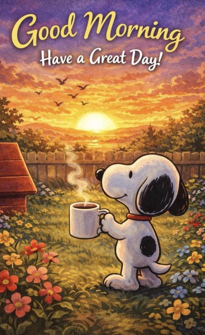 A cheerful illustrated "Good Morning, Have a Great Day!" greeting card featuring Snoopy holding a steaming mug in a colorful flower garden at sunrise.