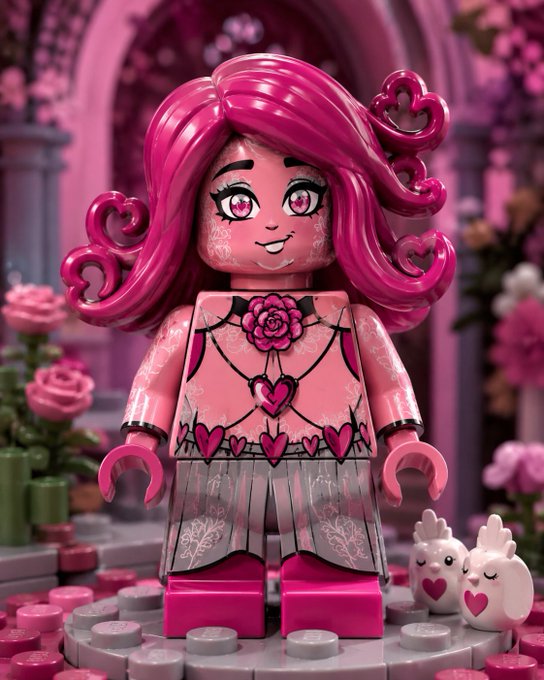 A LEGO-style figure of a pink-haired character in a pink rose-themed outfit stands in a pink rose garden setting with two small white pet creatures nearby.