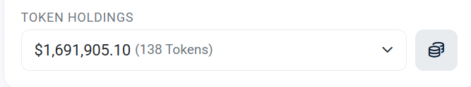 A digital interface titled 'TOKEN HOLDINGS' displays a total value of $1,691,905.10 spread across 138 tokens, accompanied by a chain link icon.