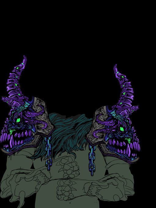 A dark digital illustration depicts a figure with teal hair holding monstrous, glowing purple and green demonic masks or shoulder armor against a black background.