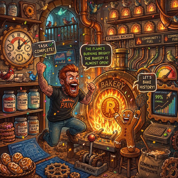 A vibrant steampunk-style illustration of a bearded man wearing a 'PAIN' t-shirt celebrating next to a flaming bakery furnace marked with an 'R' logo, with a gingerbread man and various baking-themed elements like 'TASK COMPLETE,' 'THE FLAME'S BURNING BRIGHT! THE BAKERY IS ALMOST OPEN!,' and 'LET'S BAKE HISTORY!'
