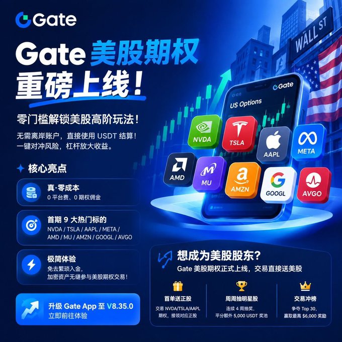 The image is a promotional advertisement from Gate announcing the launch of its US Stock Options feature, highlighting zero-fee trading and zero commissions on nine major stock tickers including NVDA, TSLA, AAPL, META, AMD, MU, AMZN, GOOGL, and AVGO. The ad emphasizes that users can trade US stock options directly using USDT without leaving the platform, aligning with the post's note that Gate simplifies access to US stock options by eliminating traditional onboarding hurdles for crypto-native traders.
