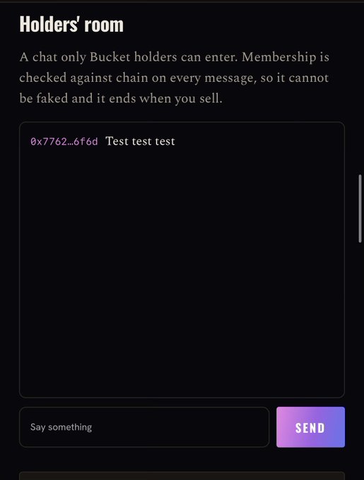 A mobile app screenshot of a 'Holders' room' chat interface, where only Bucket holders can enter, with a test message from user 0x7762...6f6d.