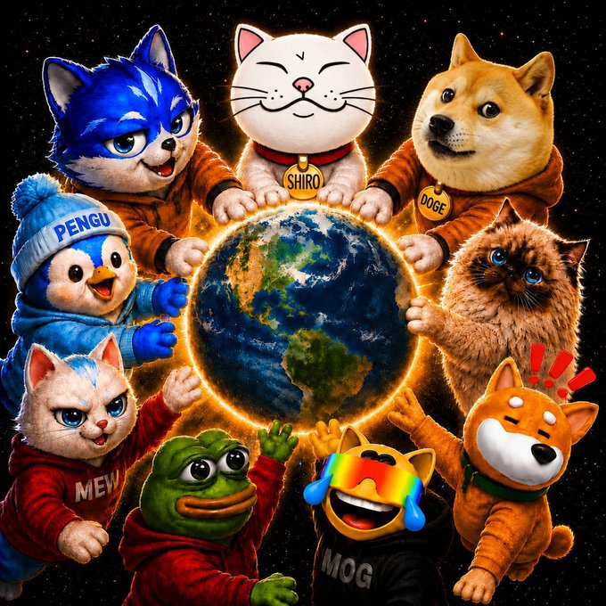 A group of anthropomorphic mascots—including Shiro, Doge, Pengu, Mew, Mog, Bonk, Pepe, and Toshi—gather around a glowing Earth, symbolizing the unity of diverse crypto communities. The image visually reinforces the post's message of shared passion and mutual respect across different meme coin projects.